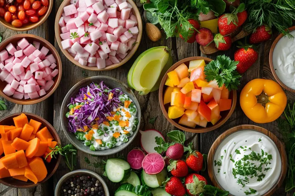 Bol de yaourt nature, bouteille de kéfir et bocaux de légumes fermentés sur une table