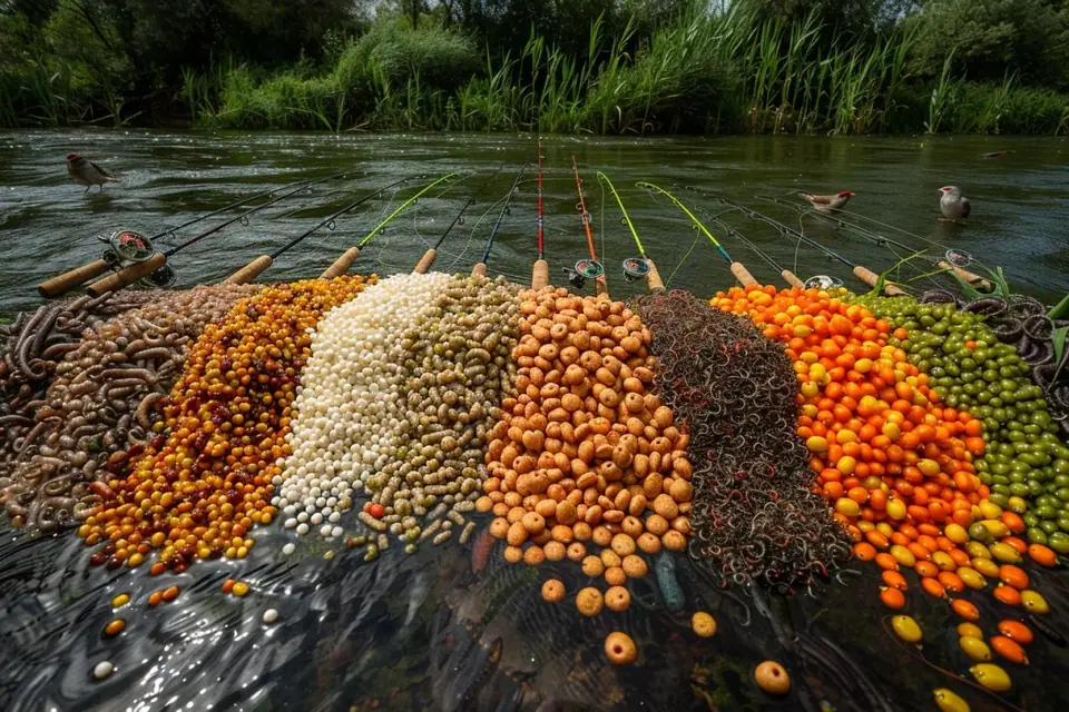 Pêcheur préparant des asticots, du maïs et des vers au bord d’un étang