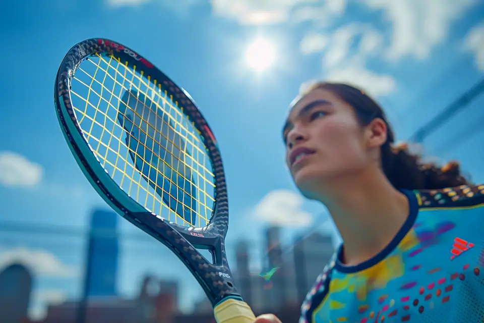 Joueur de padel tenant une raquette ronde près du filet sur un terrain vitré