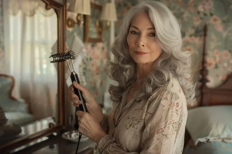 Femme utilisant un sèche-cheveux avec embout concentrateur sur des cheveux mi-longs