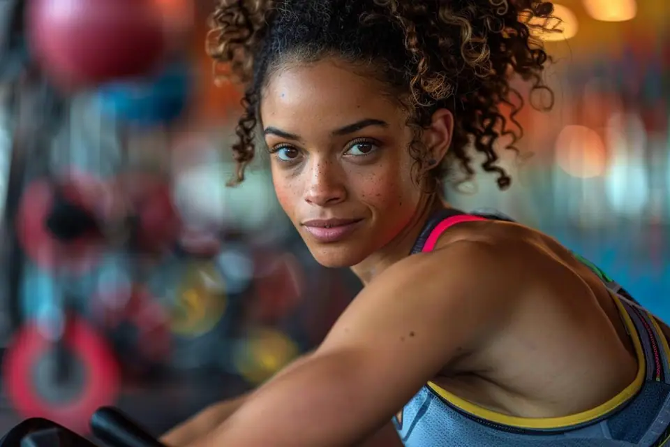 Personne débutante réglant la selle d’un vélo de cycling dans une salle lumineuse