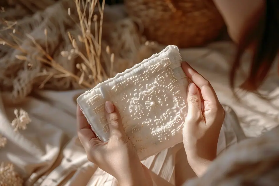 Culottes menstruelles en coton sombre pliées sur une table avec étiquette textile visible