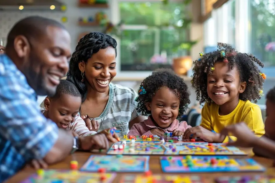 Parents et deux enfants jouent à un jeu de plateau autour d’une table familiale
