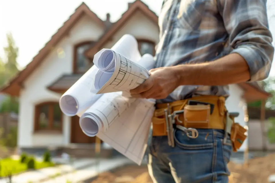 Maison individuelle neuve en chantier avec plans, isolants et fondations visibles au premier plan