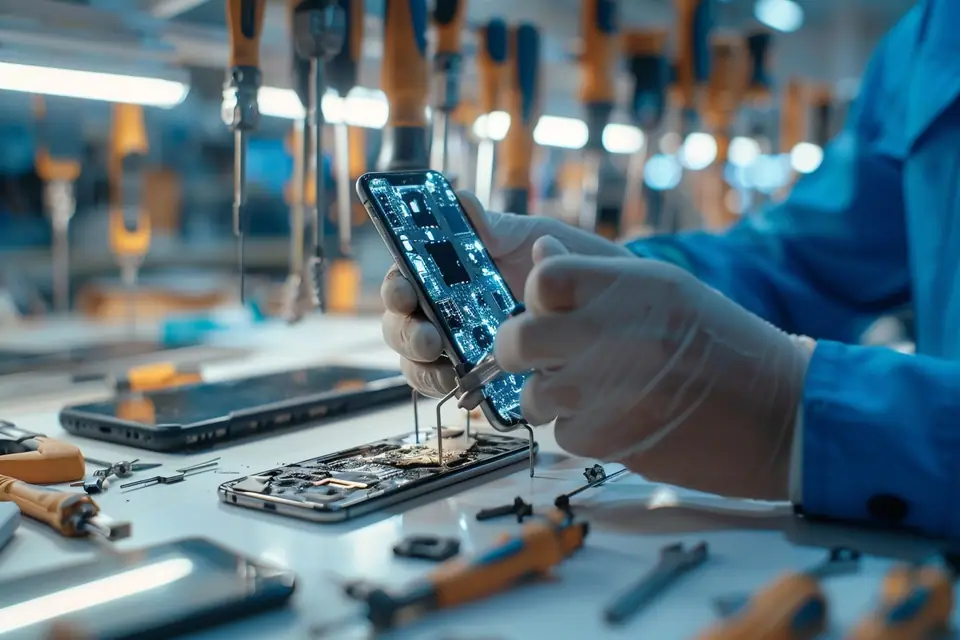 Technicien réparant l’écran d’un smartphone sur une table chez un client avec ses outils