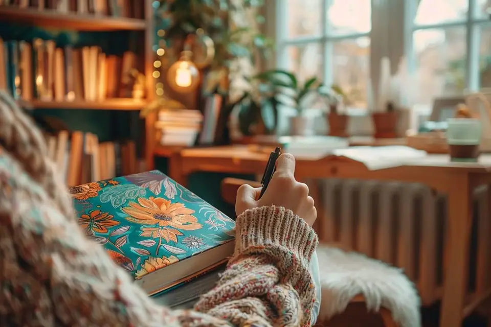 Journal personnalisé imprimé ouvert sur une table avec photographies et titres familiaux