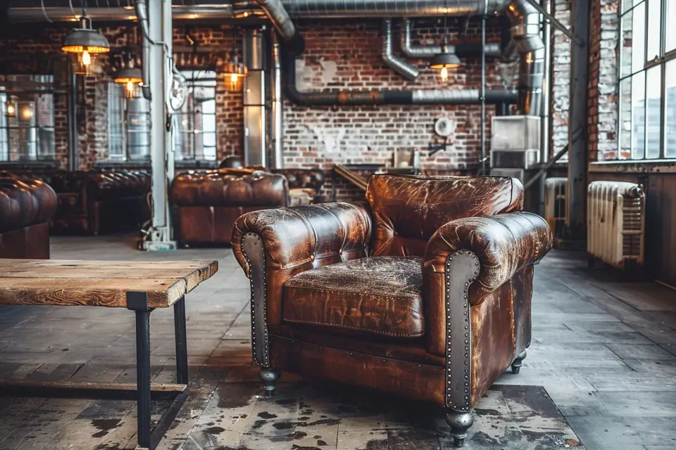 Table en bois et acier noir, étagères métalliques et suspension dans un salon lumineux