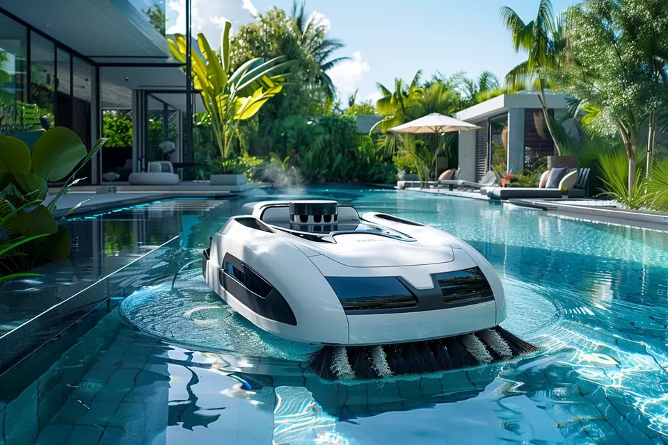 Robot électrique nettoyant le fond carrelé et la paroi d’une piscine extérieure