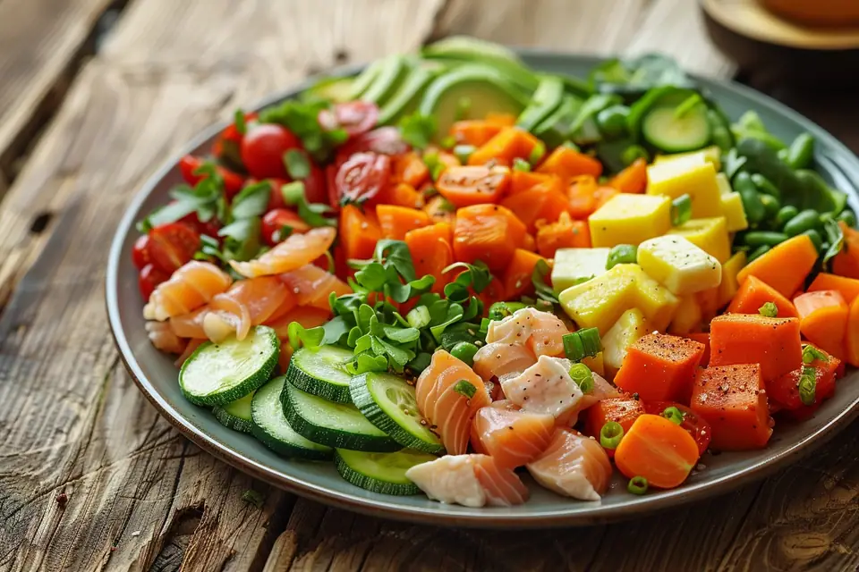 Assiette composée de saumon, avocat, légumes verts, noix et huile d’olive