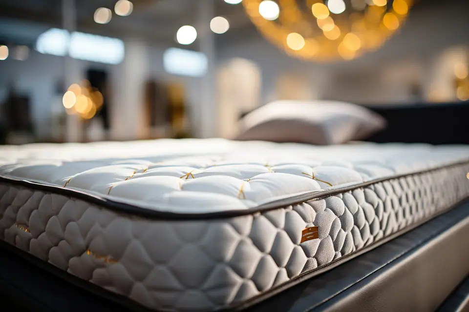 Matelas en latex naturel déhoussé posé sur un sommier en bois dans une chambre lumineuse