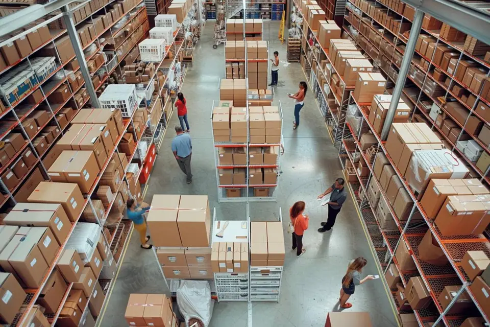 Cartons étiquetés et meubles protégés dans un box de stockage propre et éclairé