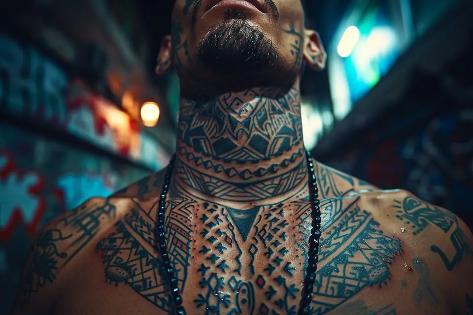 Homme de profil portant un tatouage noir et fin sur le côté du cou