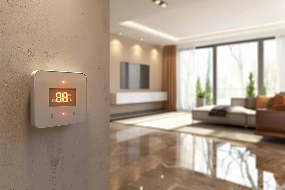 Thermostat mural numérique installé dans un salon équipé d’un plancher chauffant moderne