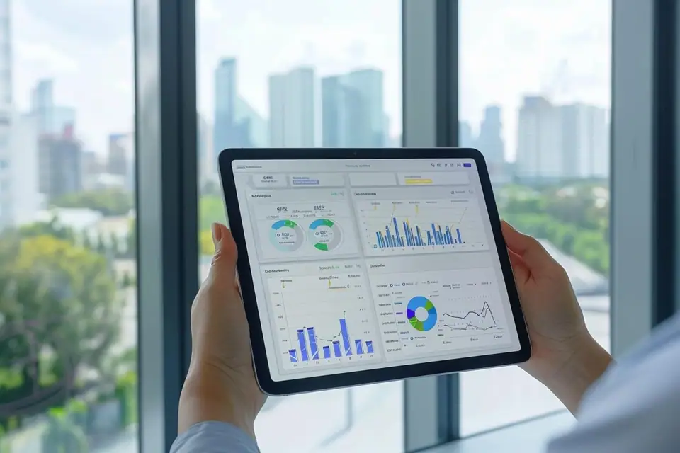 Employée vérifiant des factures fournisseurs et un tableau de suivi sur double écran