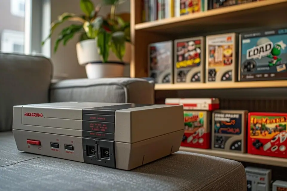 Console Nintendo NES grise avec manette rectangulaire et cartouche de jeu sur une table