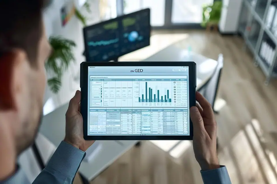 Collaboratrice consultant des documents numérisés sur un écran dans un bureau professionnel