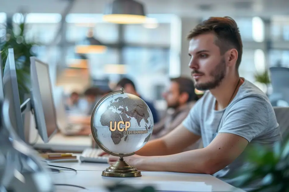 Façade vitrée d’un immeuble de bureaux avec enseignes d’entreprises et passants