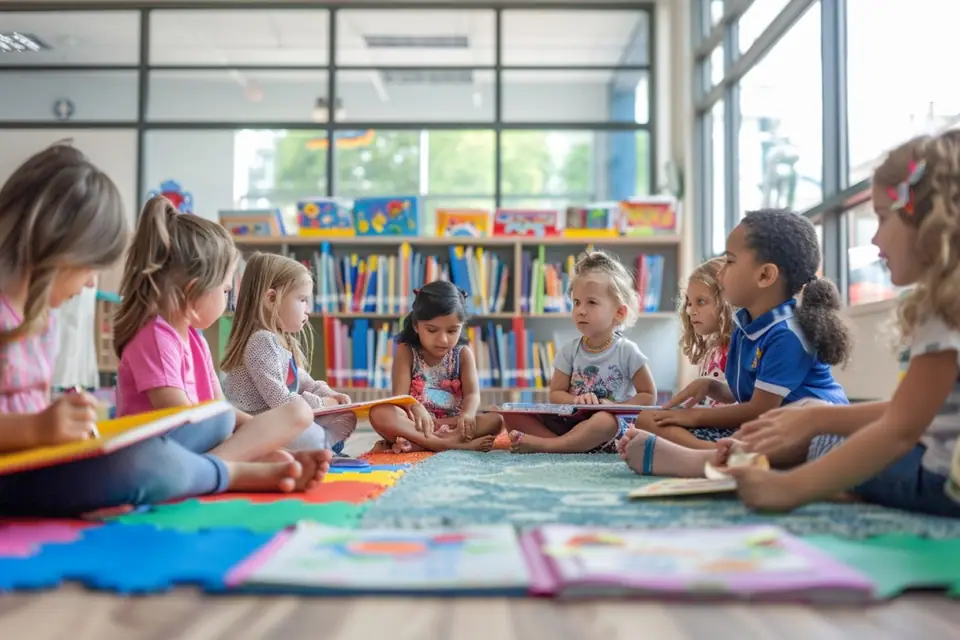 Enfants et enseignante réunis autour d’une table lors d’un conseil de classe participatif