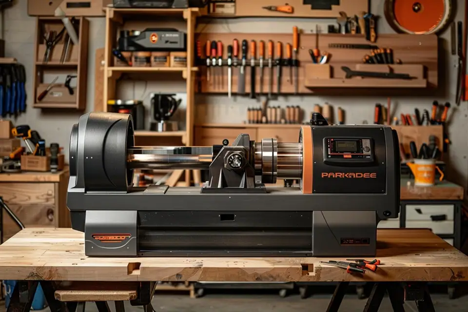 Tour à bois compact installé sur un établi avec une pièce de hêtre entre pointes
