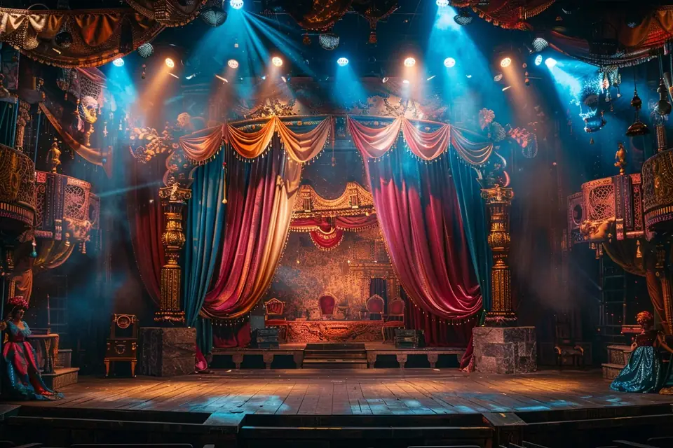 Comédiens en costume se croisant devant plusieurs portes sur une scène de théâtre