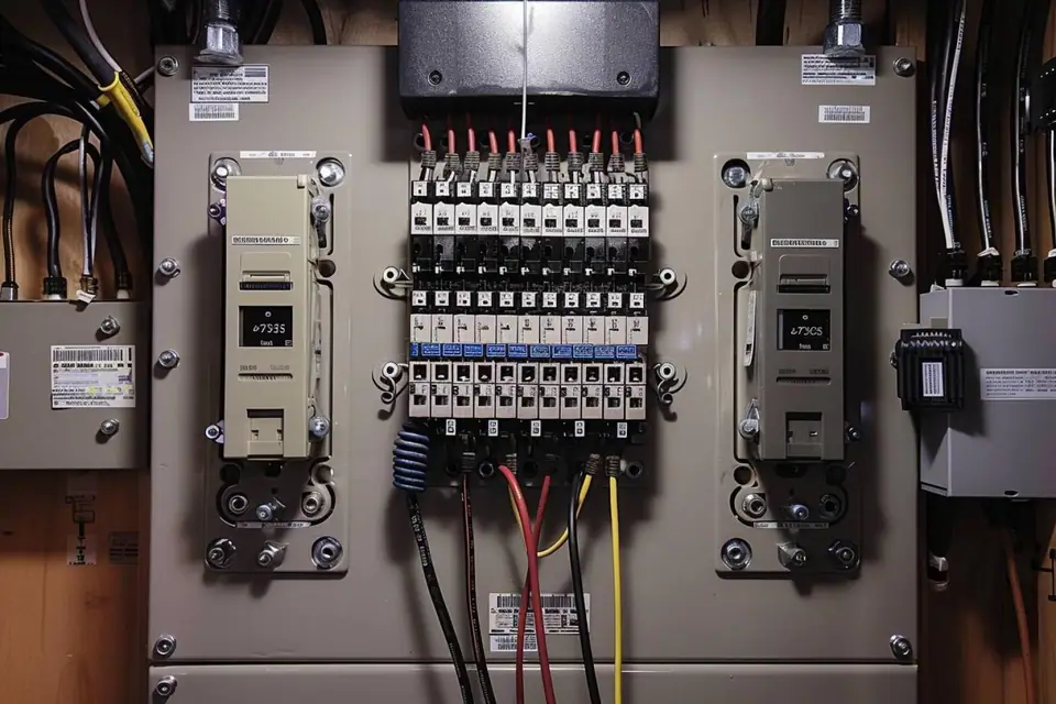Électricien contrôlant les conducteurs de terre dans un tableau électrique résidentiel ouvert