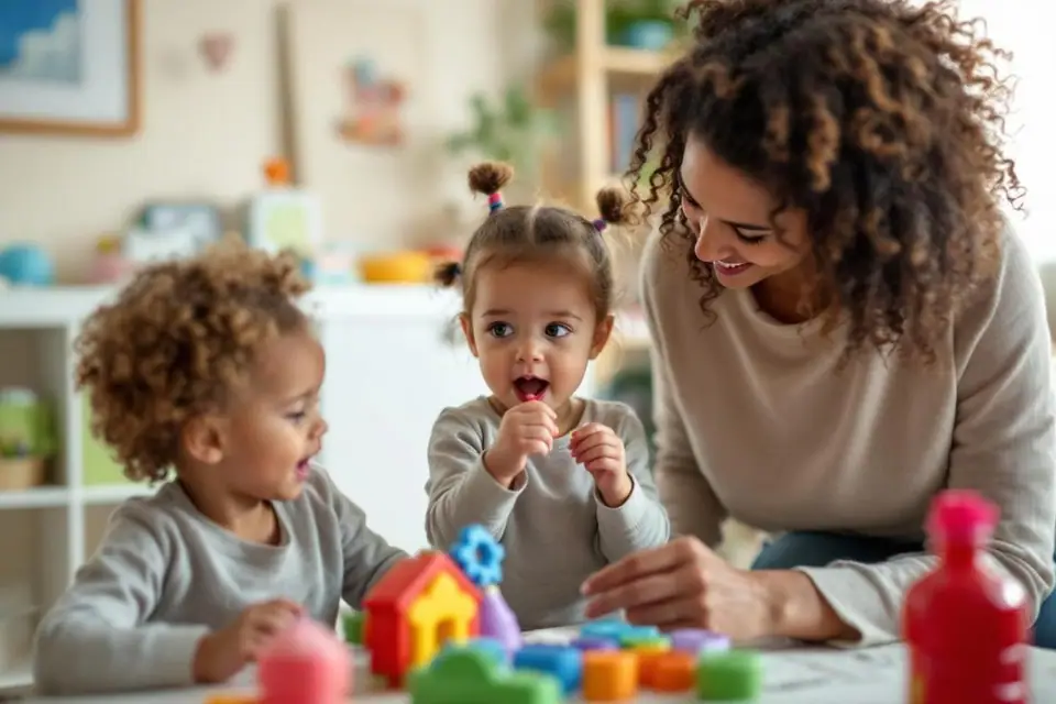 Un parent échange avec une orthophoniste pendant qu’un enfant réalise un exercice de langage