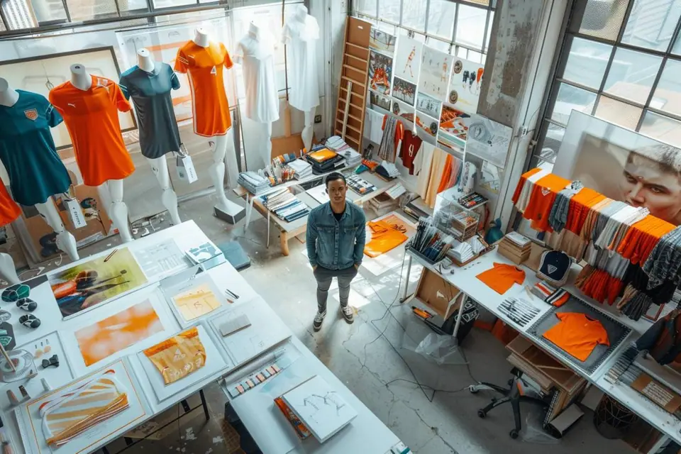 Maillots de football colorés suspendus dans une boutique d’équipements sportifs