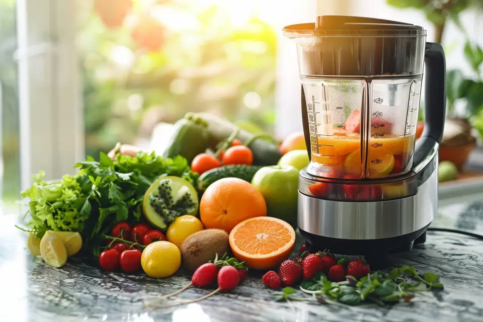 Verres de jus de légumes colorés entourés de carottes, pommes, citron et gingembre frais