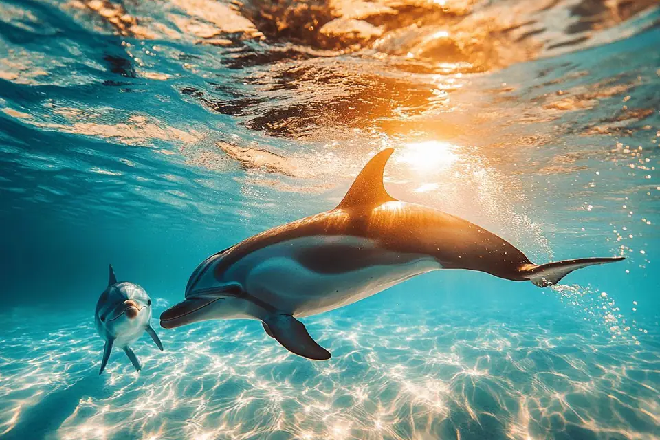 Un petit groupe de dauphins nage librement à distance d’un bateau en mer calme