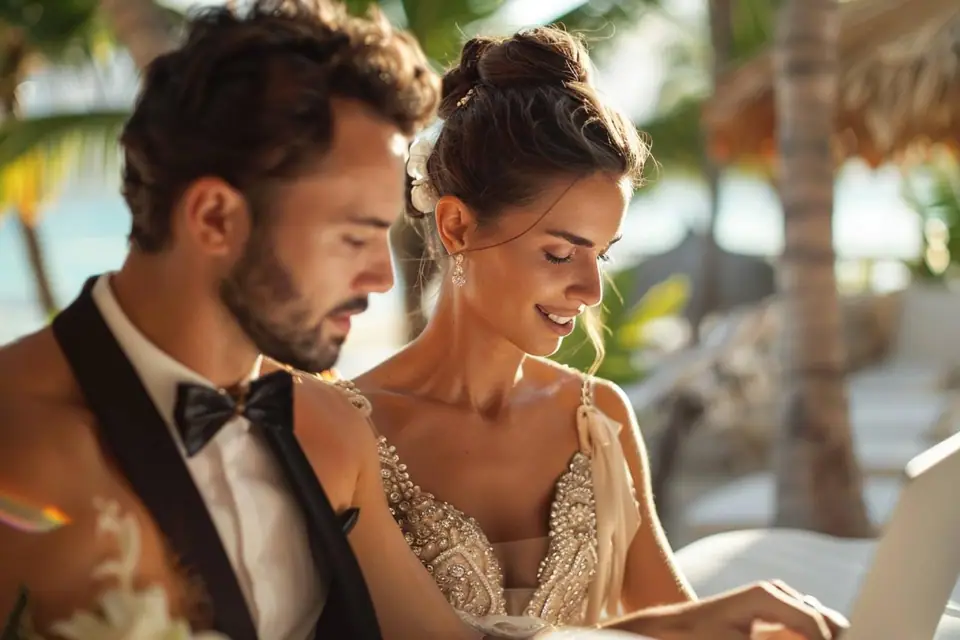 Couple comparant des itinéraires et des hébergements sur un ordinateur portable avant son mariage