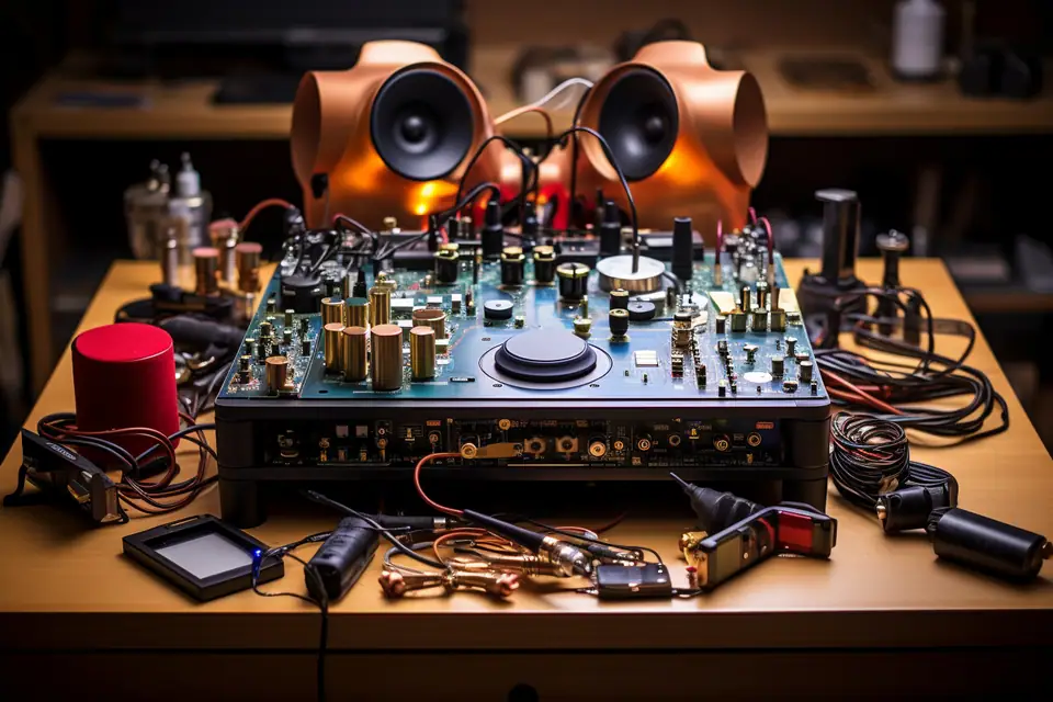 Gramophone ancien à pavillon en métal posé sur un établi avec outils de précision