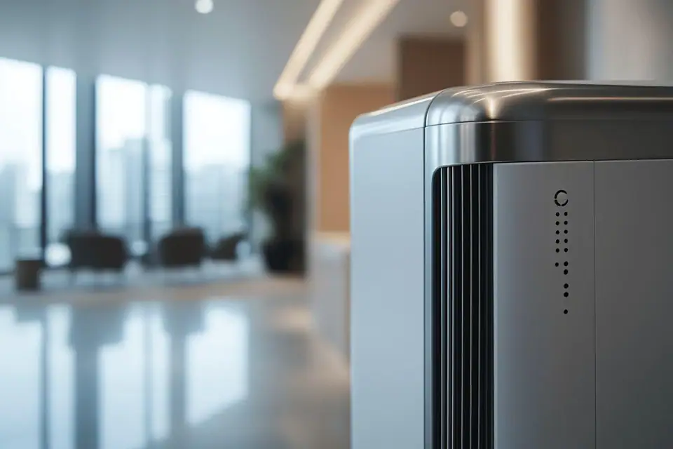 Rideau d’air chaud compact installé au-dessus de la porte vitrée d’un petit commerce