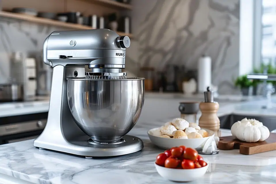 Robot pâtissier blanc avec bol inox, fouet et pâte levée sur un plan de travail