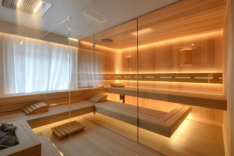 Cabine de sauna intérieur en bois clair avec deux banquettes et un poêle électrique