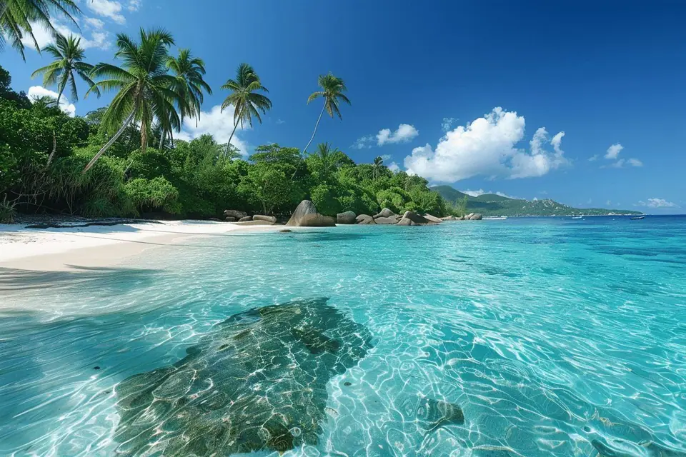 Baigneurs dans une eau turquoise peu profonde bordée de rochers granitiques et de palmiers aux Seychelles