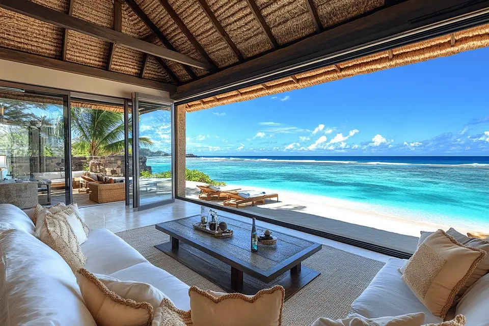 Balcon d’hôtel orienté vers un lagon mauricien et l’océan Indien au lever du soleil