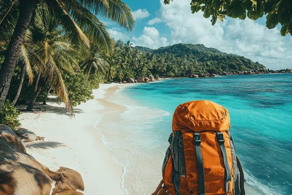 Plage bordée de rochers granitiques, eau turquoise et végétation tropicale aux Seychelles