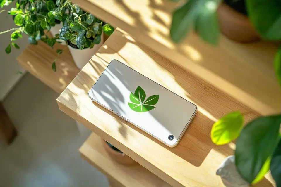 Smartphone reconditionné posé sur une table avec chargeur, coque de protection et emballage recyclable