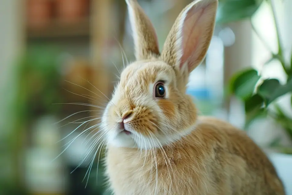 Lapin domestique au pelage clair examiné près de son œil légèrement larmoyant