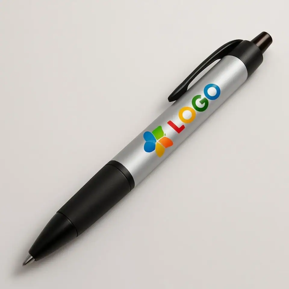 Stylos personnalisés alignés sur une table lors d’un salon professionnel avec brochures et badges visiteurs