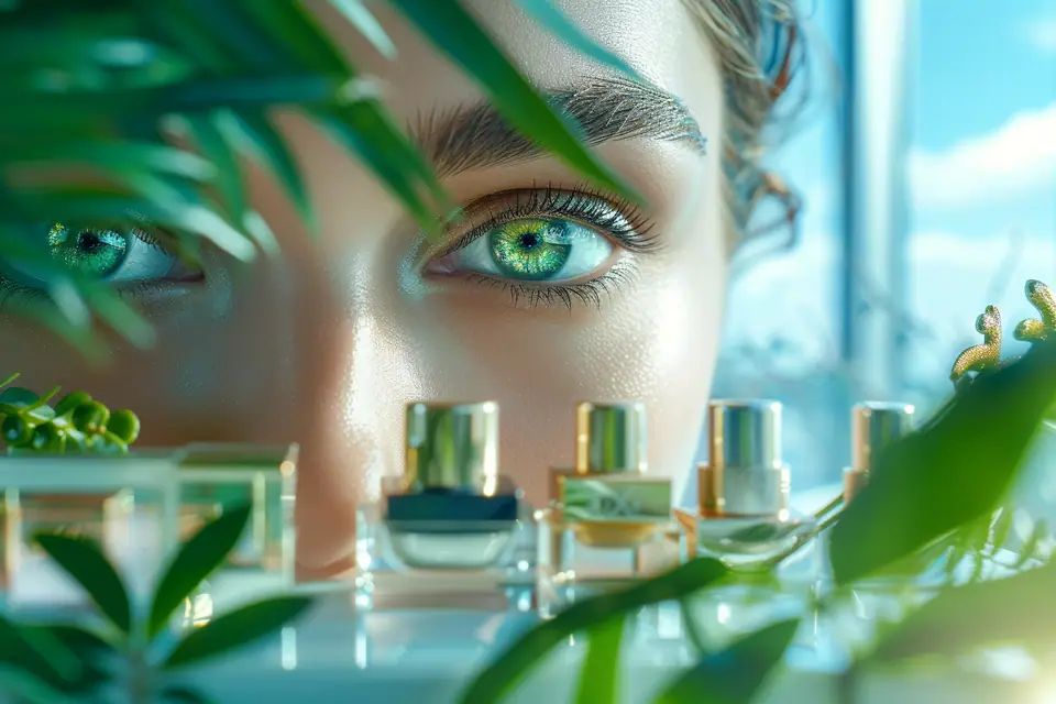 Palette de fards prune et cuivrés, pinceaux de maquillage et œil vert légèrement maquillé