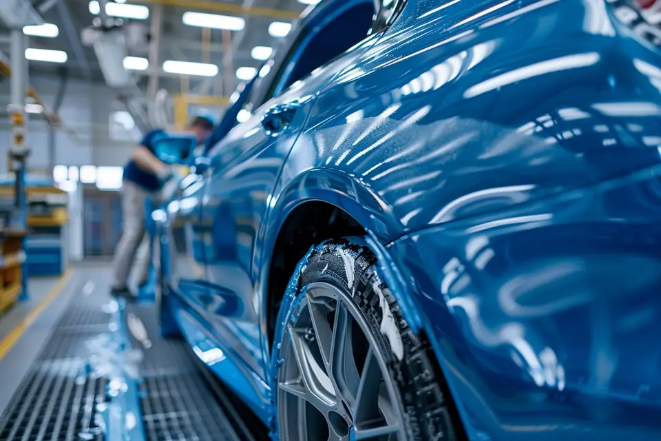 Carrossier masqué appliquant de la peinture bleue sur une portière de voiture en cabine