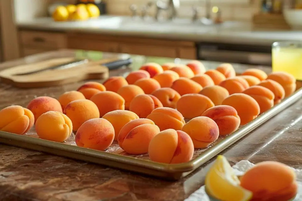 Abricots coupés en deux disposés sur une plaque avant leur congélation