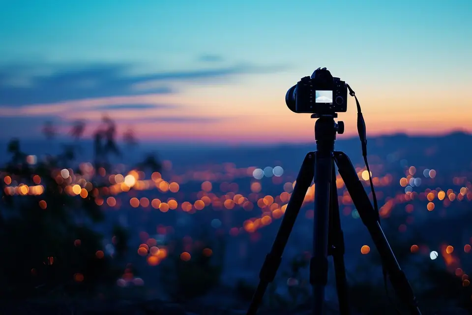 Photographe réglant un appareil sur trépied face à une rue éclairée la nuit