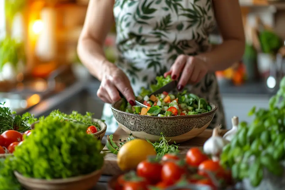 Planche garnie de légumes frais, graines germées, noix et sauces végétales crues