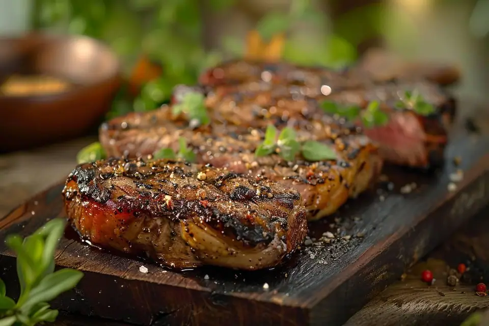 Épaule de sanglier crue parée sur une planche avec aromates, vin rouge et thermomètre de cuisson