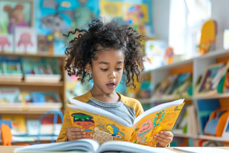 Élève de CE1 lisant une courte poésie illustrée devant son cahier ouvert en classe