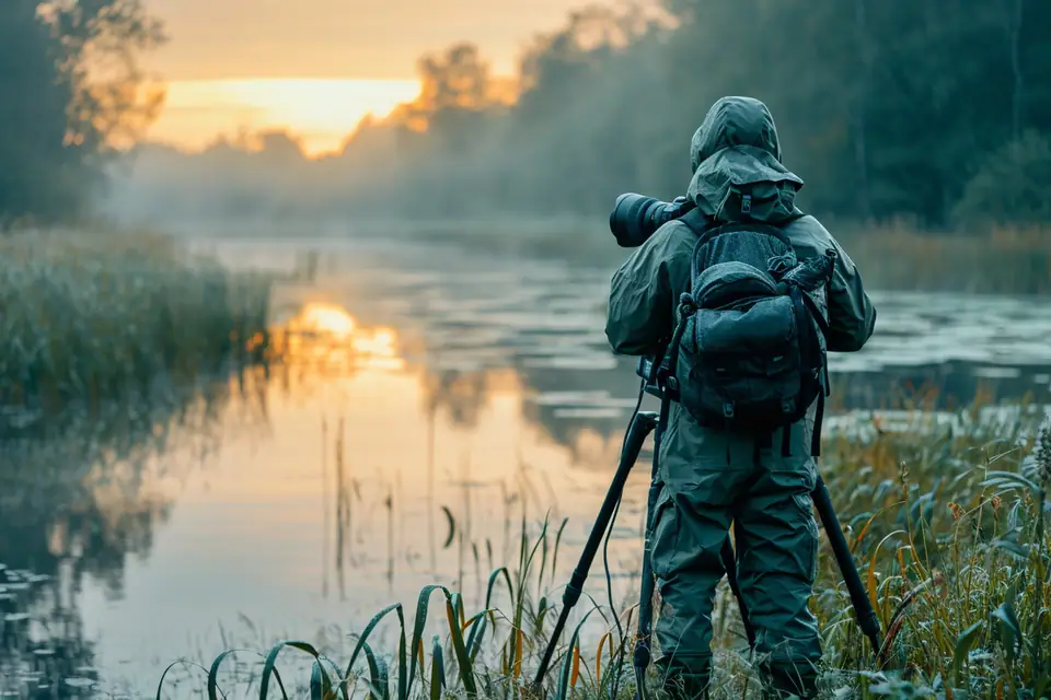 Photographe sur un ponton face à un marais brumeux au lever du soleil