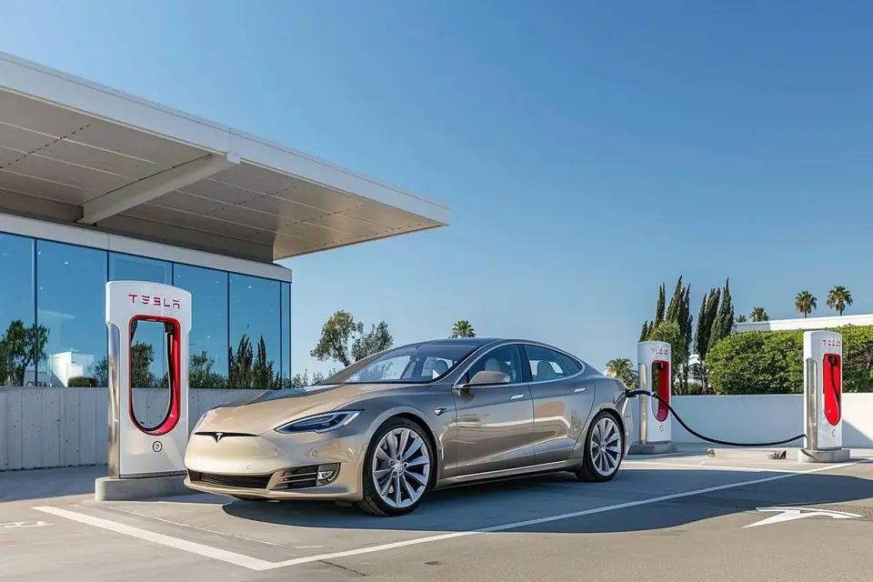 Berline électrique Tesla grise branchée à une borne rapide sur une aire autoroutière française