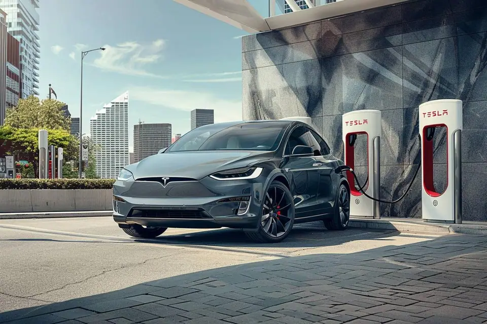 Tesla Model X blanc garé devant une borne de recharge publique en milieu urbain